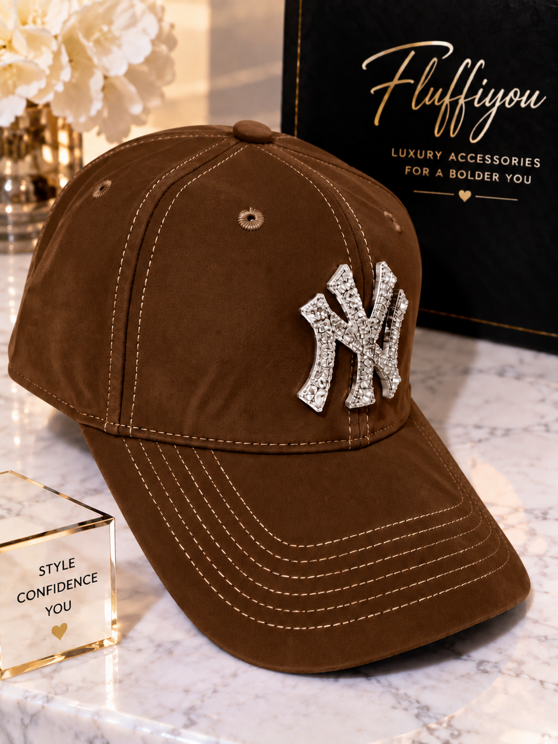 Fitted Cap NY - dark brown w/silver bling
