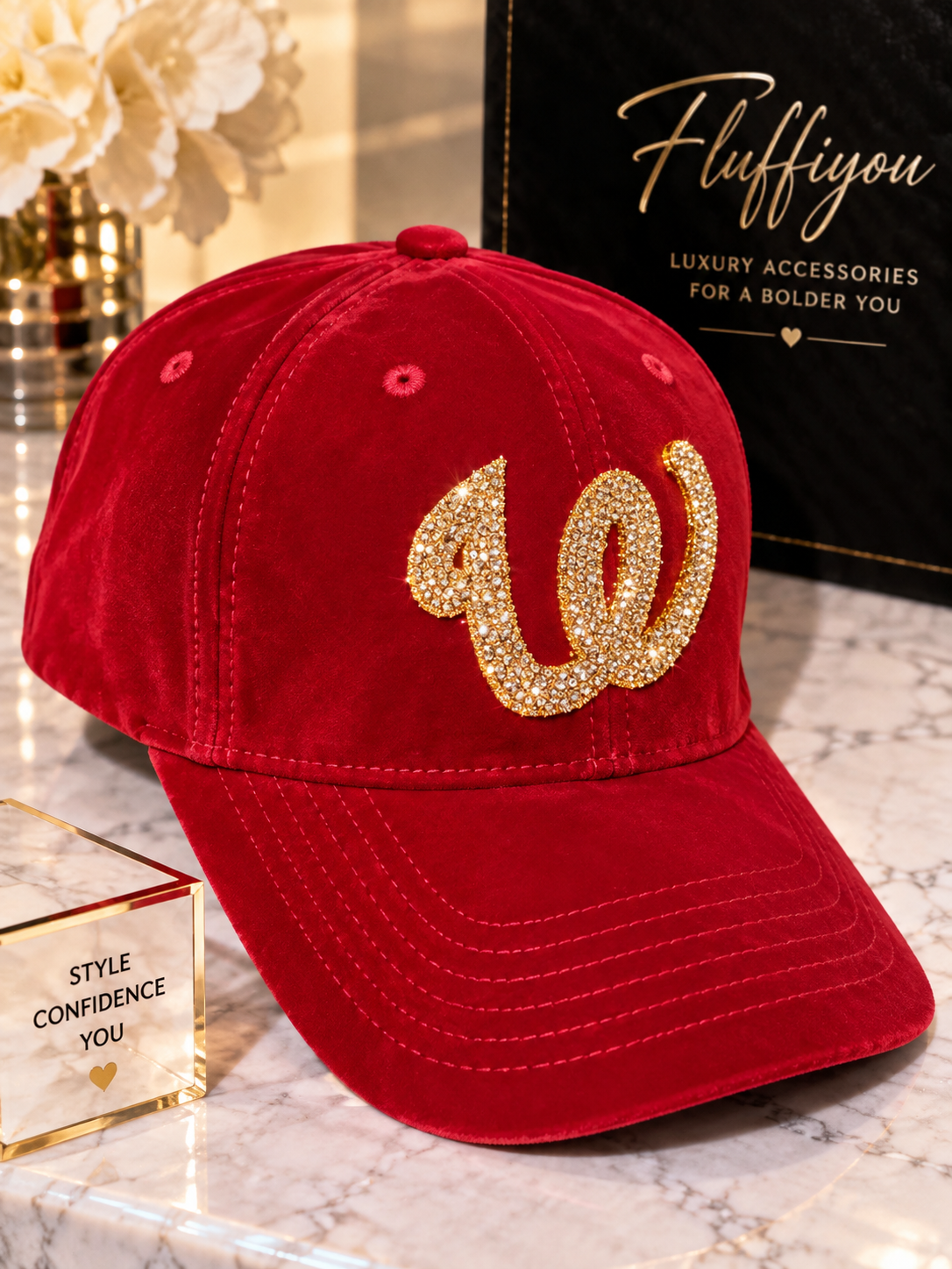 Fitted Cap  RedWine  - W - w/gold bling