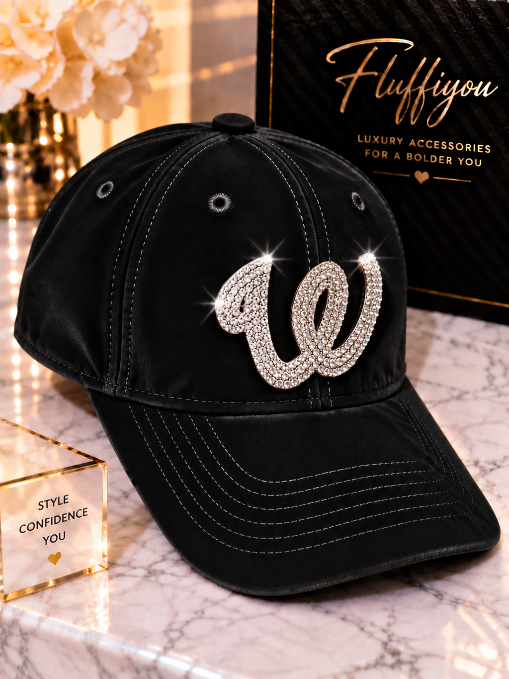 Fitted Cap - The W - Black w/silver bling