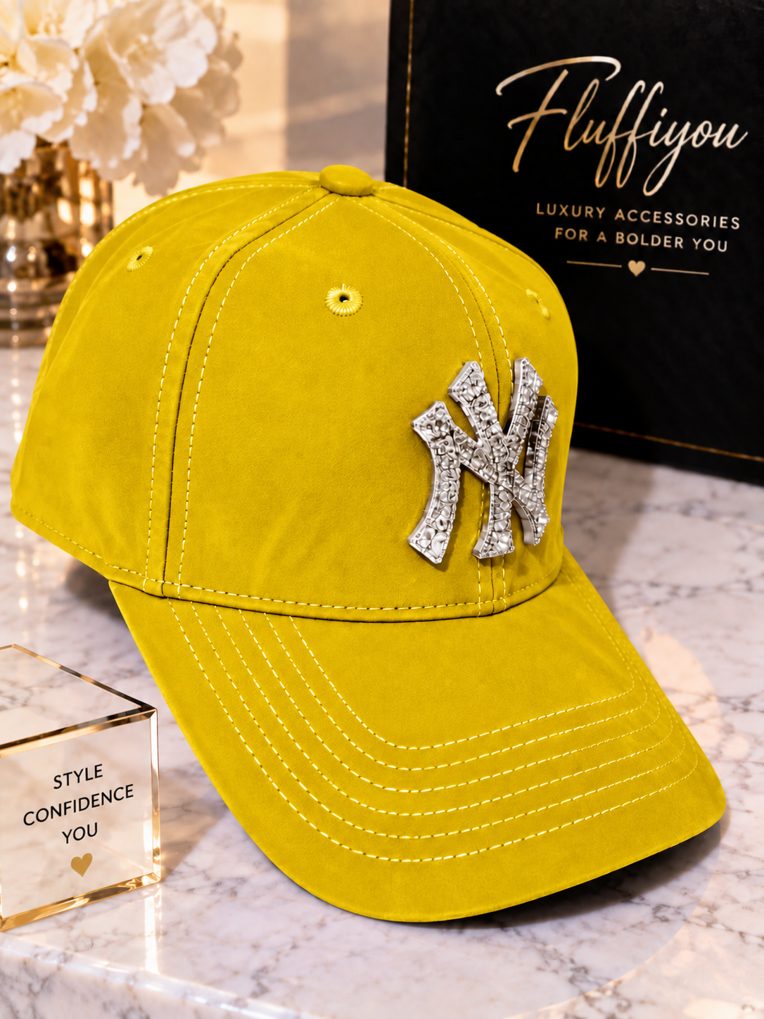 * PreOrder * Fitted Cap - NY - Mustard, yellow w/silver bling