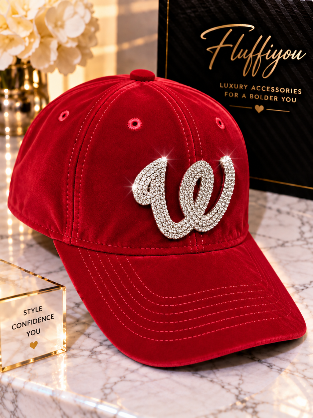 Fitted Cap - The W - RedWine w/silver bling