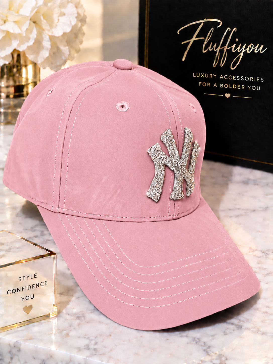 Fitted Cap - NY - Soft Pink w/silver bling