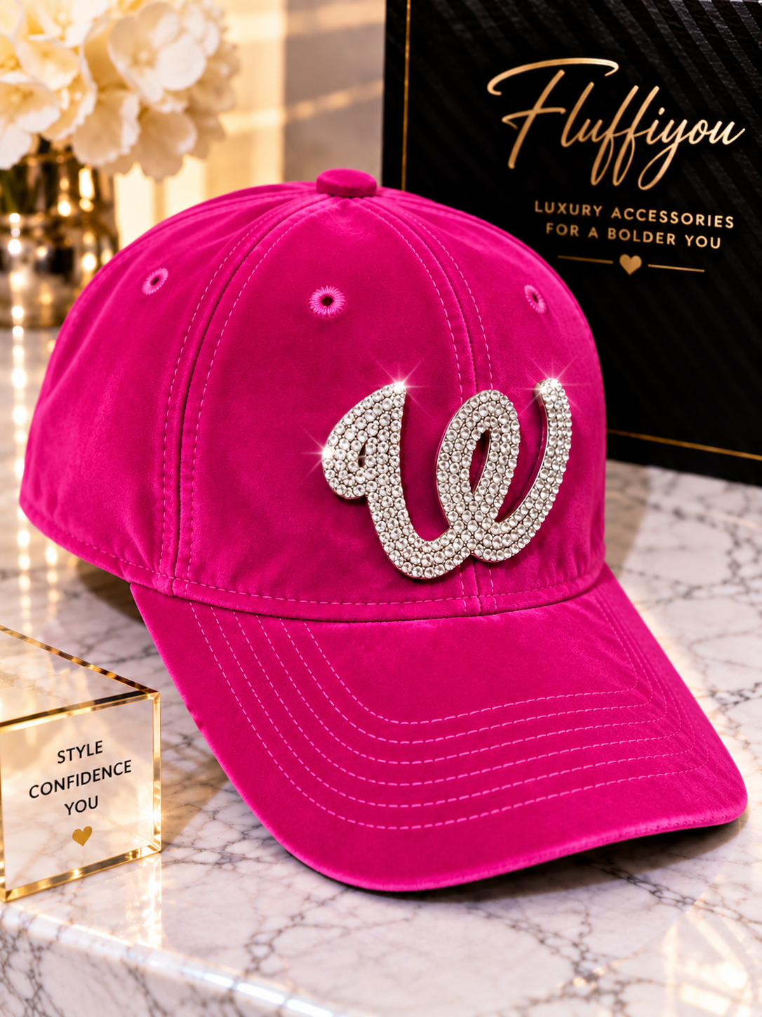 Fitted  Cap - W - Hot Pink w/silver bling