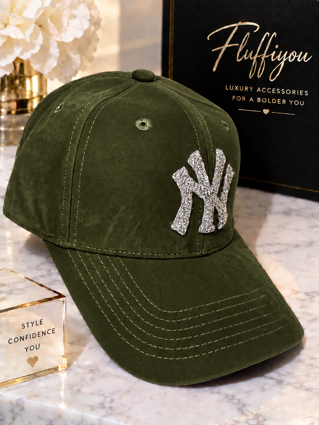 **PreOrder** Fitted Cap - NY -  Olive w/silver bling