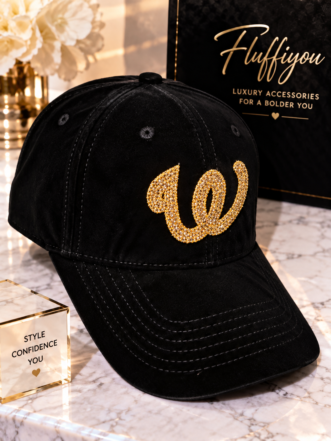Fitted Cap - W - Black w/Gold bling
