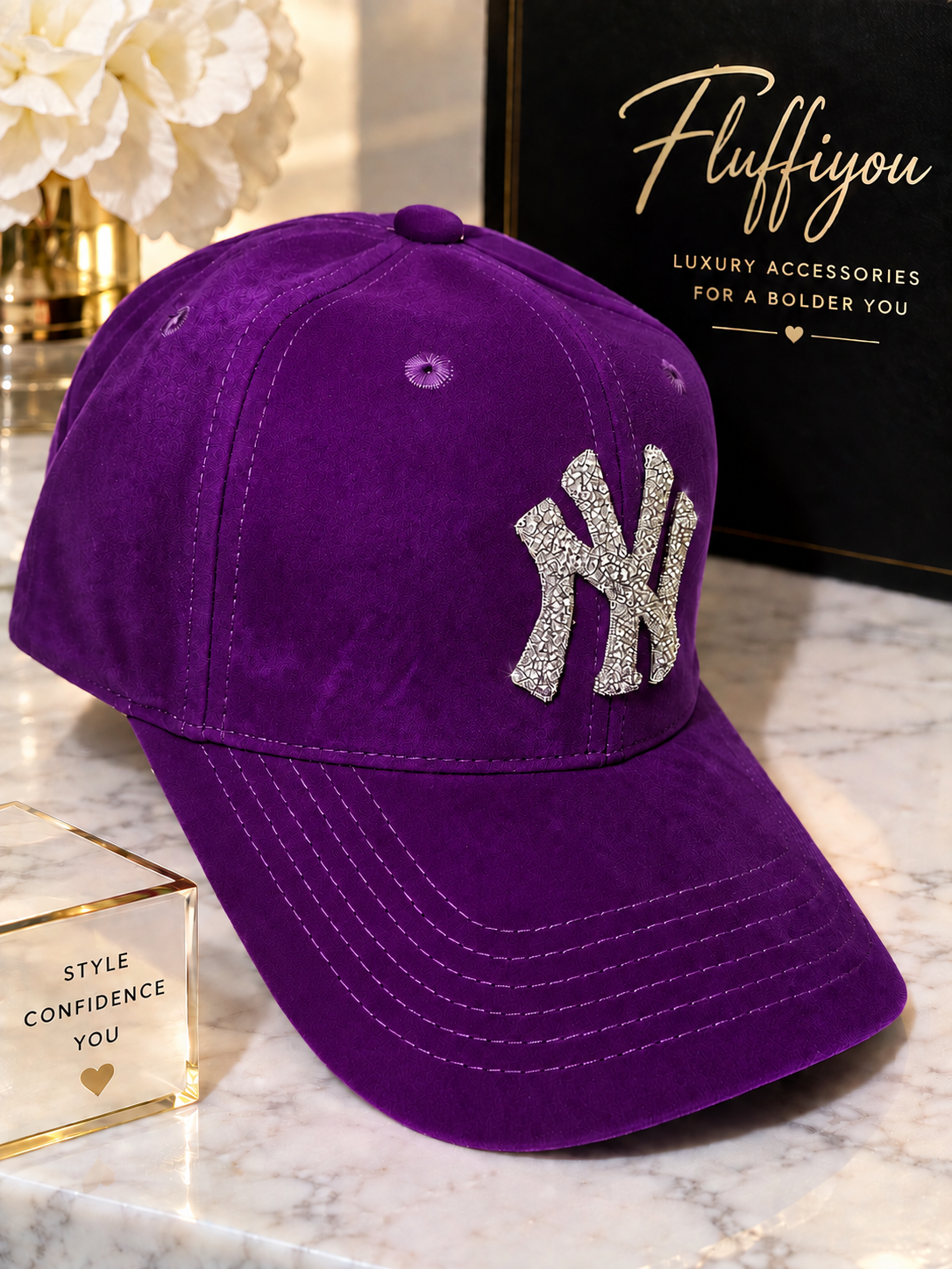 Fitted Cap - NY - Purple w/silver bling