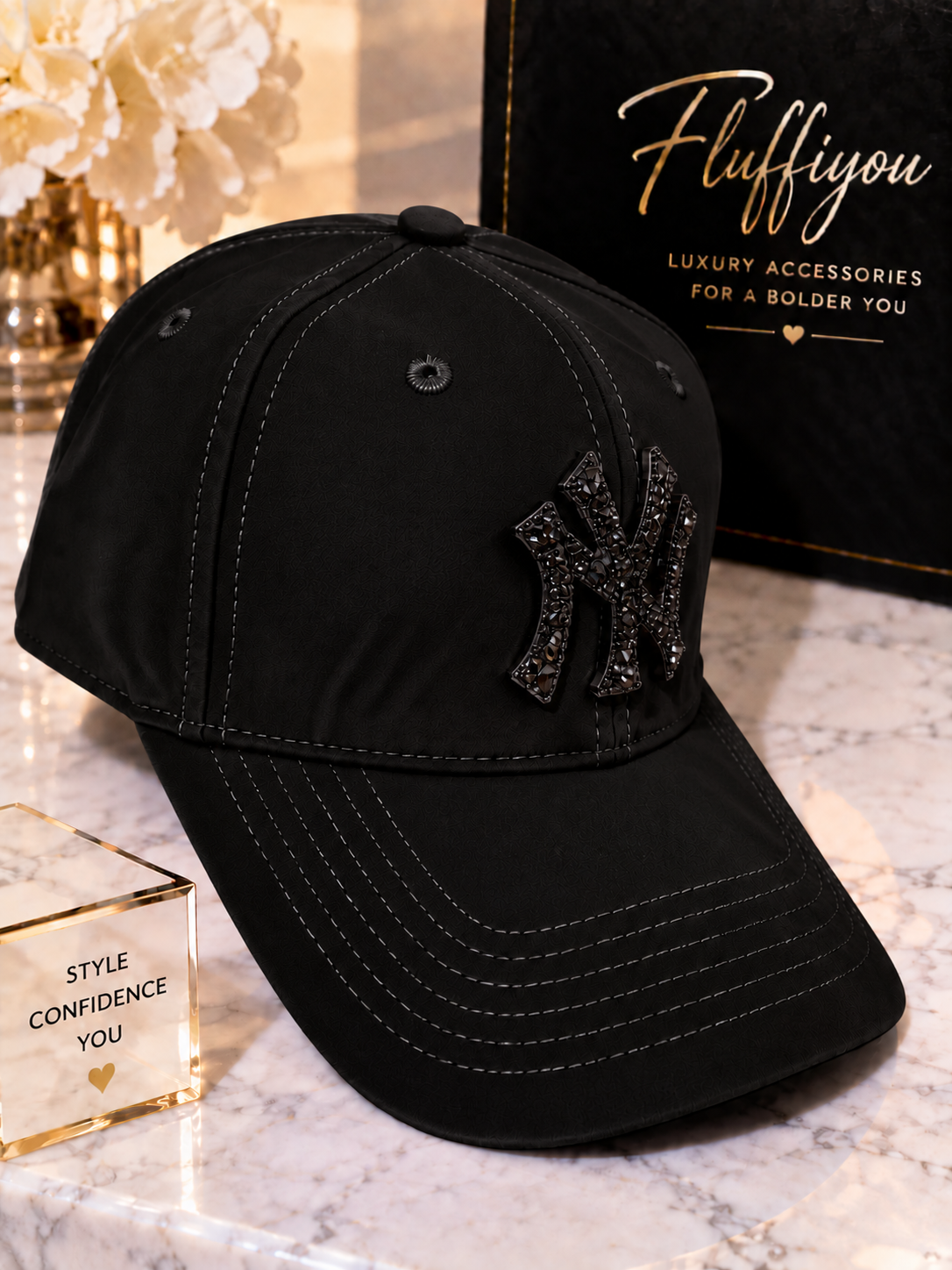 Fitted cap - NY - Black w/black bling