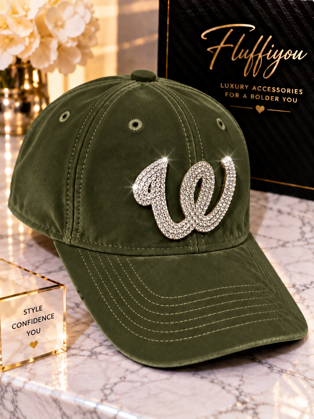 *PreOrder* Fitted Cap - W -  Olive w/silver bling
