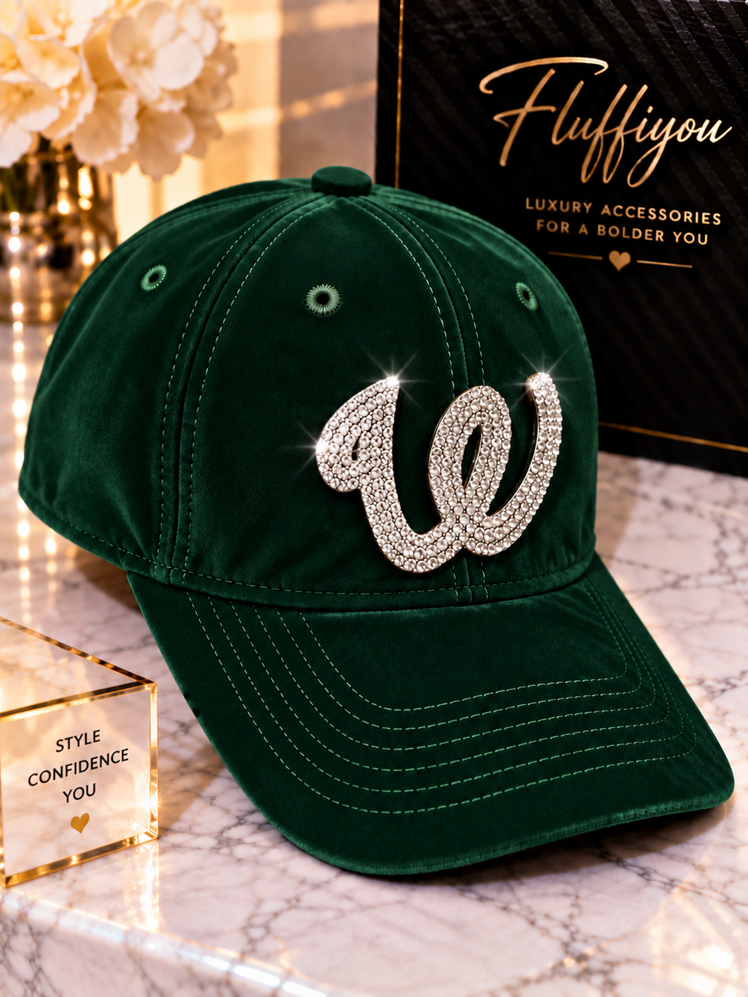 Fitted Cap - W - Dark Green w/silver bling