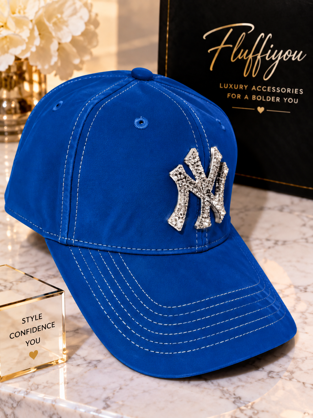 **PreOrder**Fitted Cap - NY - Aqua Blue w/silver bling