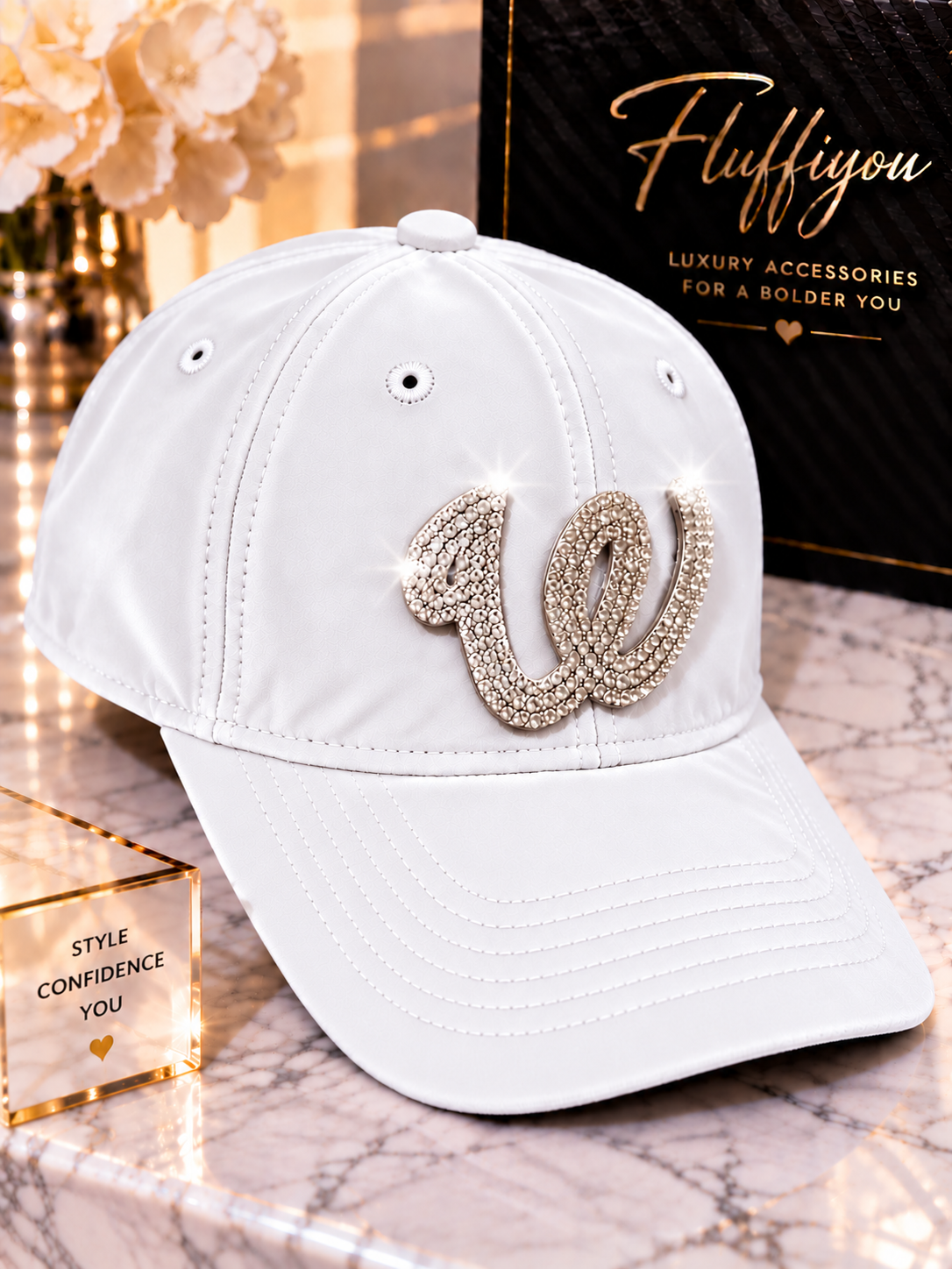 Fitted Cap - W - White w/silver bling