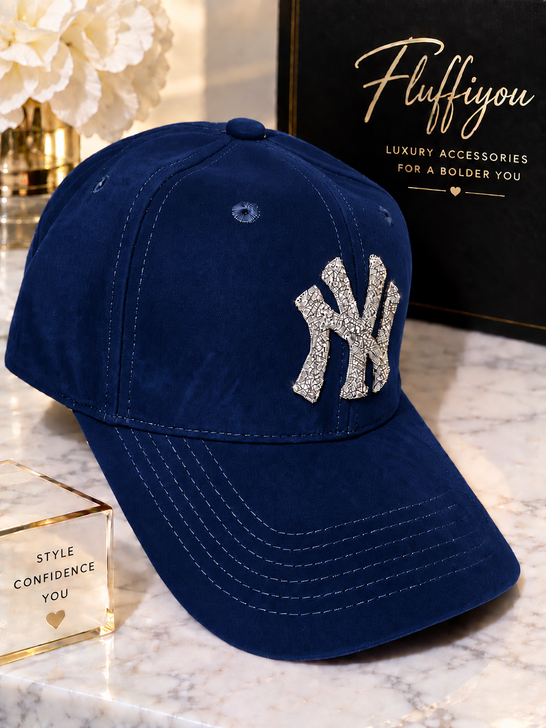 Fitted Cap - NY - Navy Blue w/silver bling