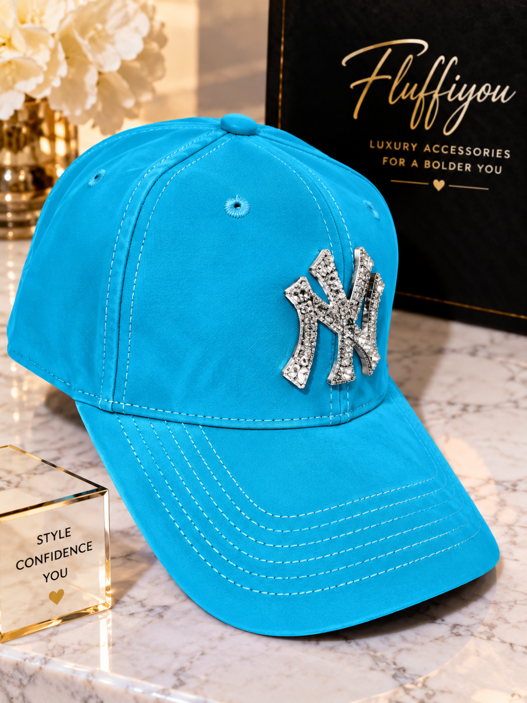 **PreOrder** Fitted Cap -NY - Panther Blue w/silver bling