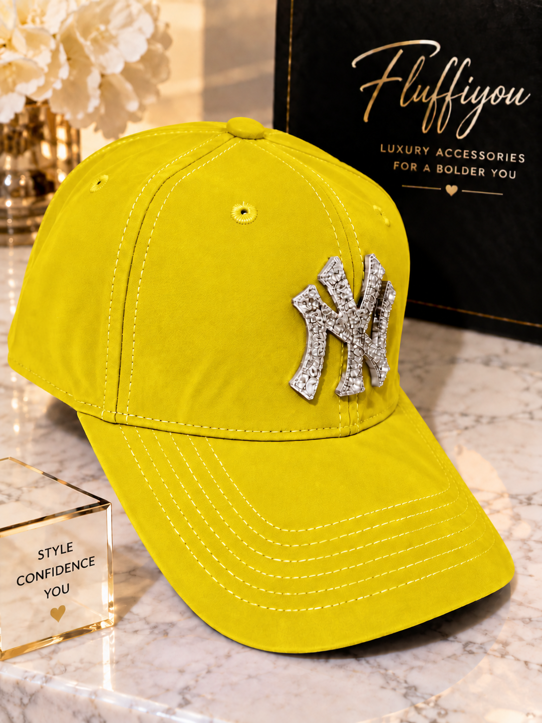 ** PreOrder** Fitted Cap - NY - Lemon Yellow w/ silver bling