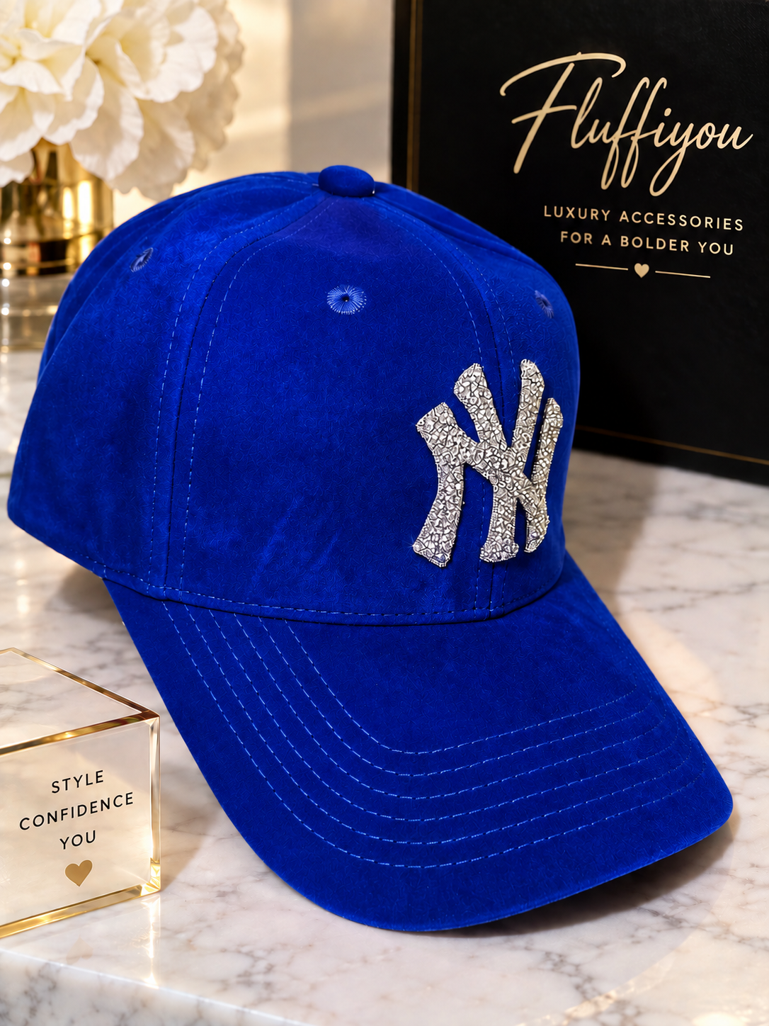 Fitted cap - NY - Royal Blue w/silver bling