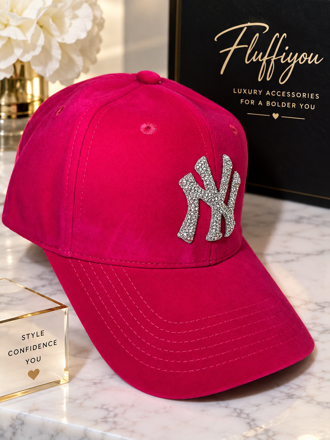 Fitted cap - NY - Hot Pink w/silver bling