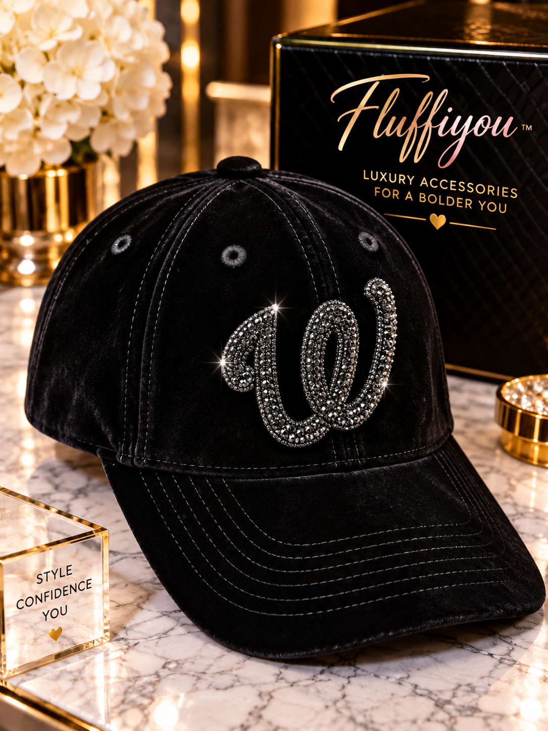 Fitted cap - the W - Black w/Black bling