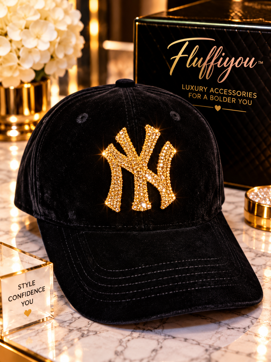 Fitted cap - NY - Black w/Gold bling
