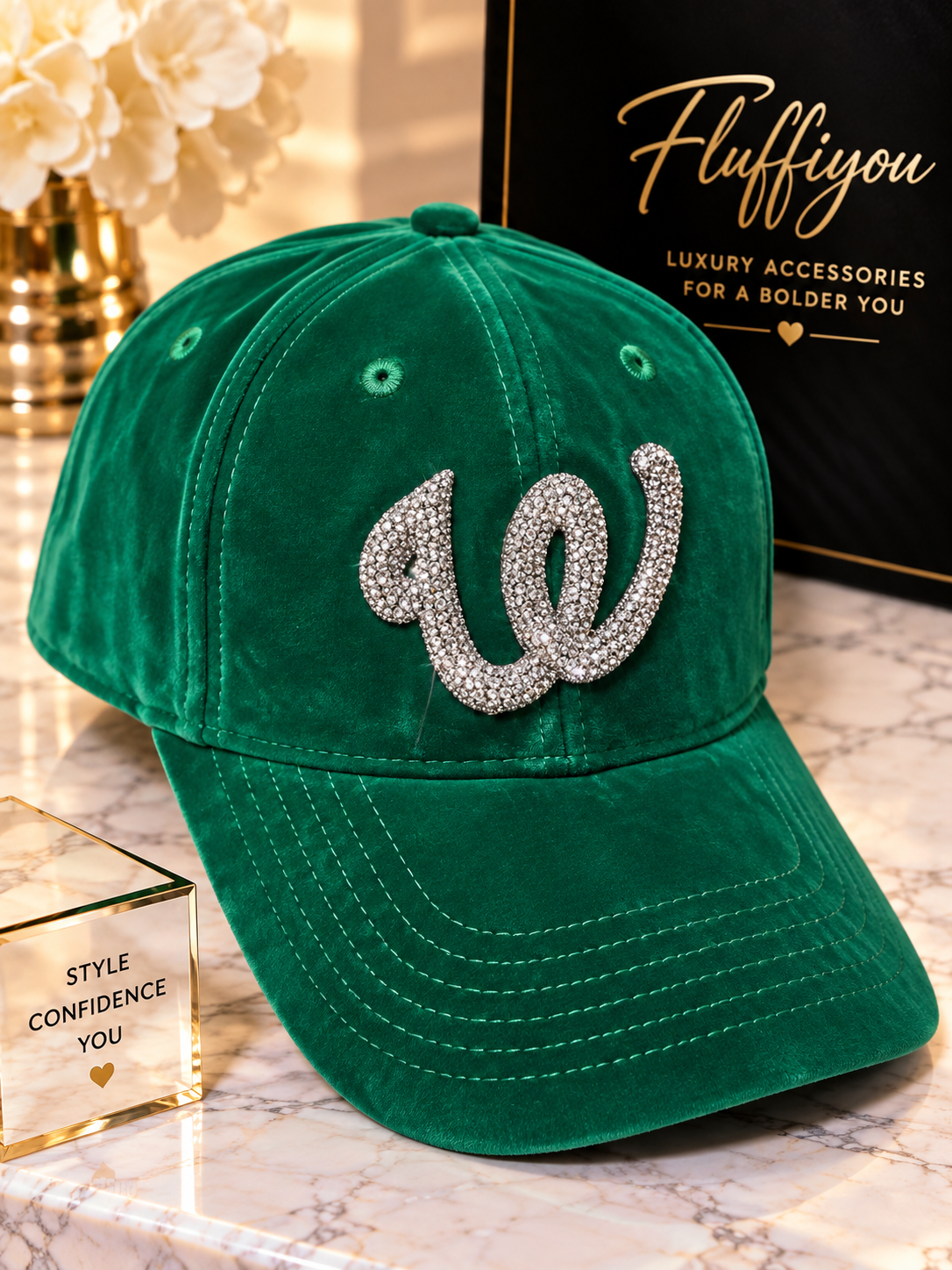 **PreOrder** Fitted Cap - W -  Emerald Green w/silver bling