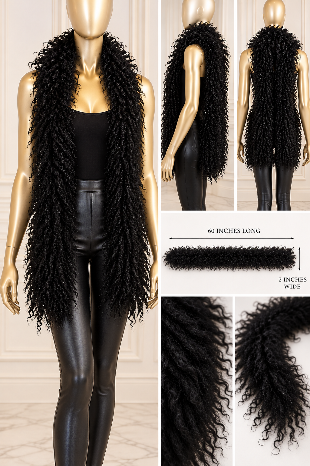 Mongolian lamb Fur Boa/Scarf- Black - 60in long