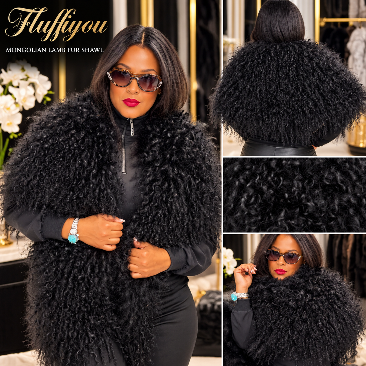 Mongolian Lamb Fur -Wide Scarf /Shawl