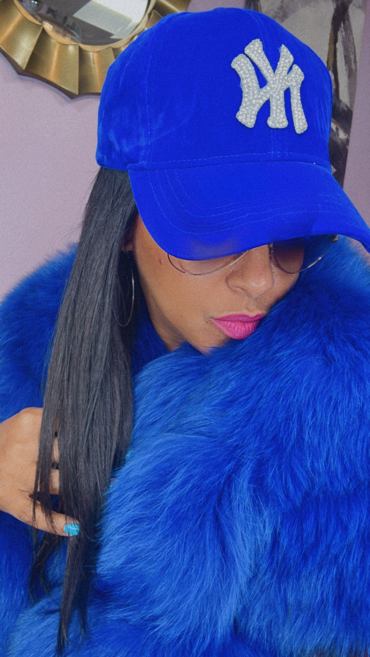 Fitted cap - NY - Royal Blue w/silver bling