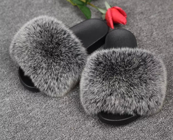 Black (White Tips)- Fox Fur slides